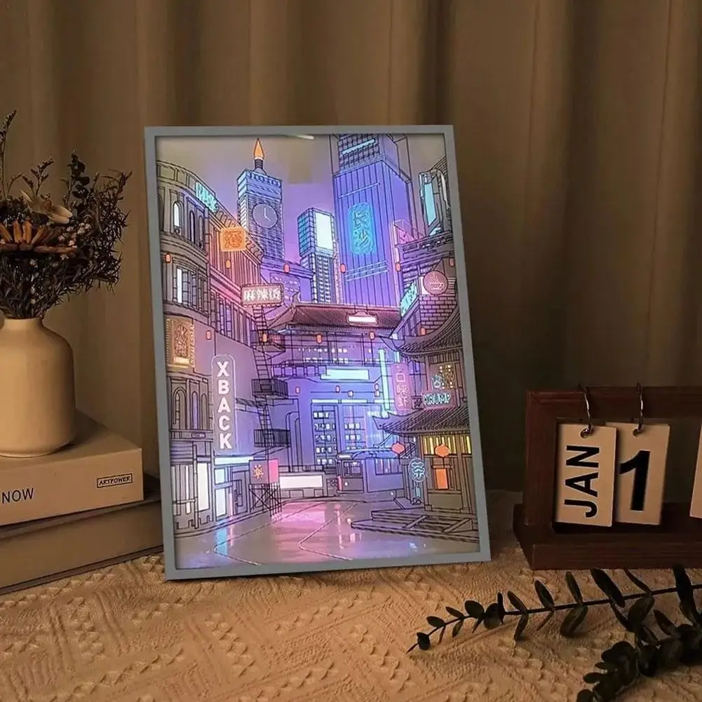 

Anime LED Beautiful City Night View Light Painting,HD Picture Narrow Bezel Usb Plug Dimming Romantic Home Decorations Night Lamp