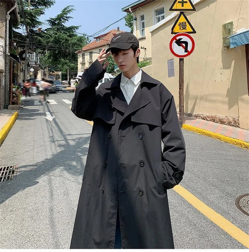 

Autumn Winter Long Windbreaker Men's Korean Version Loose Versatile Handsome British Over The Knee Coat Double Breasted Jacket