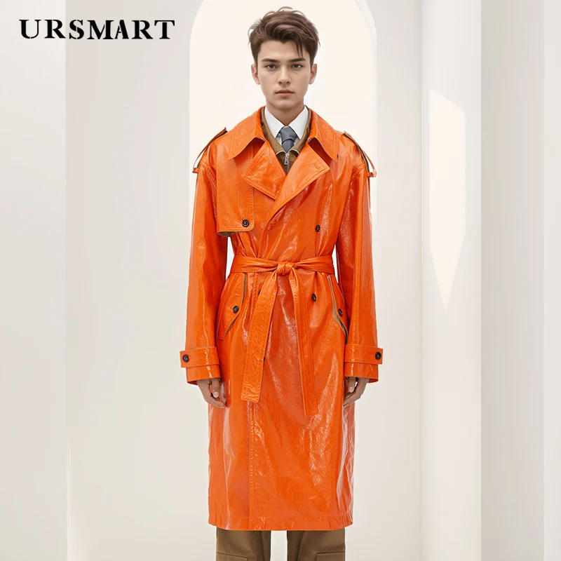 Classic orange double breasted men's genuine leather trench coat British fashion sheepskin glossy custom  Windbreake coat men