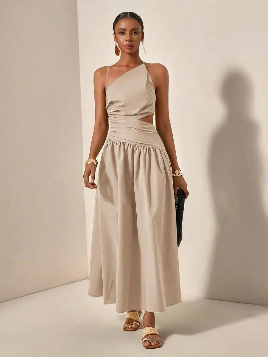 

Бежевое асимметричное макси-платье на одно плечо с вырезами и драпировкой на талии