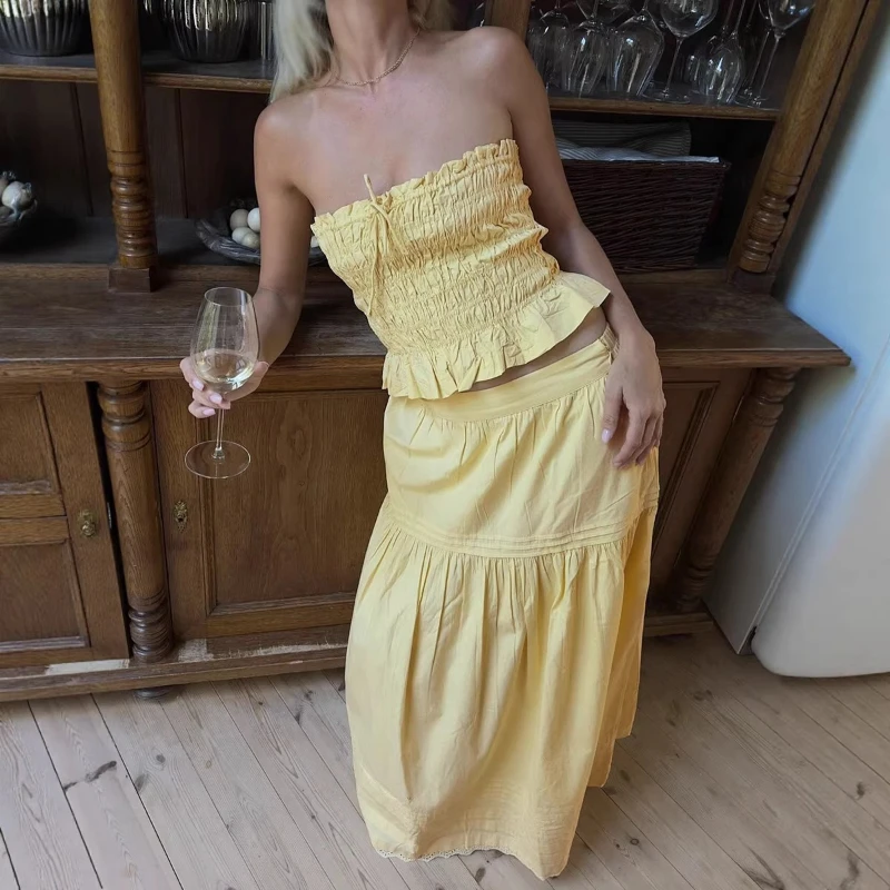 TARUXY Strapless Top Skirt Set Female 2026 Summer New Solid Vacation Wrinkles Top A-Line Skirt Women's Suits Fashion Leisure Set