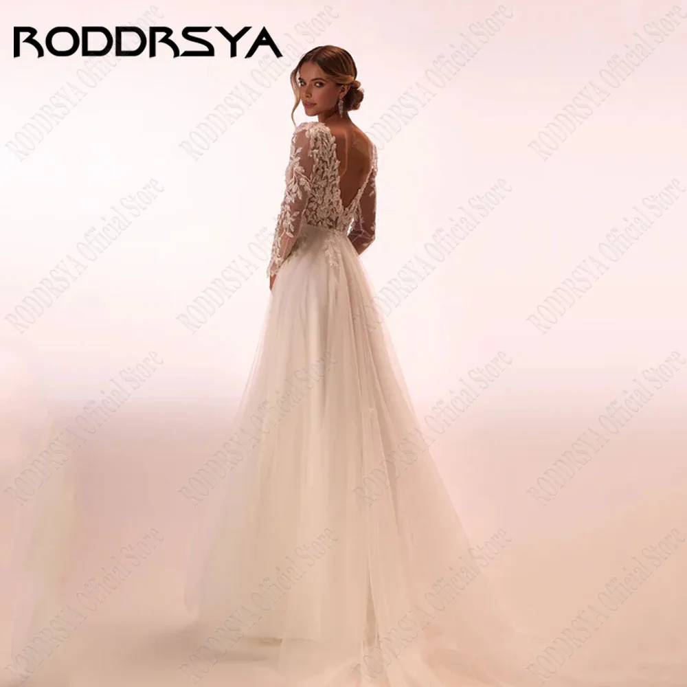 RODDRSYA Wedding Dress Customized Long Sleeves V Neck Split A Line Bridal Gown Sweep Train Backless Bride Dresses Robe Mariee