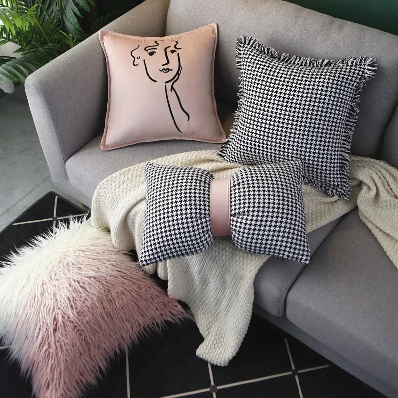 

Hounds Tooth Checkered Bowknot Cushion Cover with Tassels Classic Black and White with Pink Accent Modern Living Room Sofa Decor