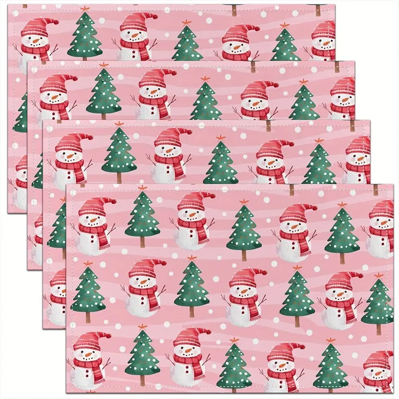 VIKAMA Christmas Linen Placemats, Teddy Bear Santa Gifts Tree, Machine Washable & Heat Resistant, Holiday Dining