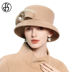 FS 2025 Ladies Camel Basin Cap Elegant Bowler Fedoras Femme 100% Wool Felt Winter Hats For Women Church Formal Dress Millinery