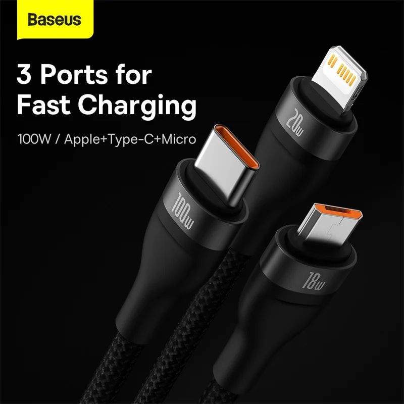 Baseus-3 인 1 USB c형 고속 충전 케이블, PD 100W, 아이폰 13 12 11 프로 맥북 샤오미용 마이크로 USB C 와이어 코드