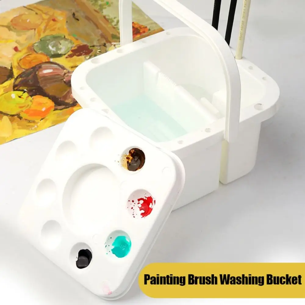 Portable Double Grid Paint Brush Washer Square Handheld Type Brush Washing Bucket with Palette PP Brush Cleaning Tool Children