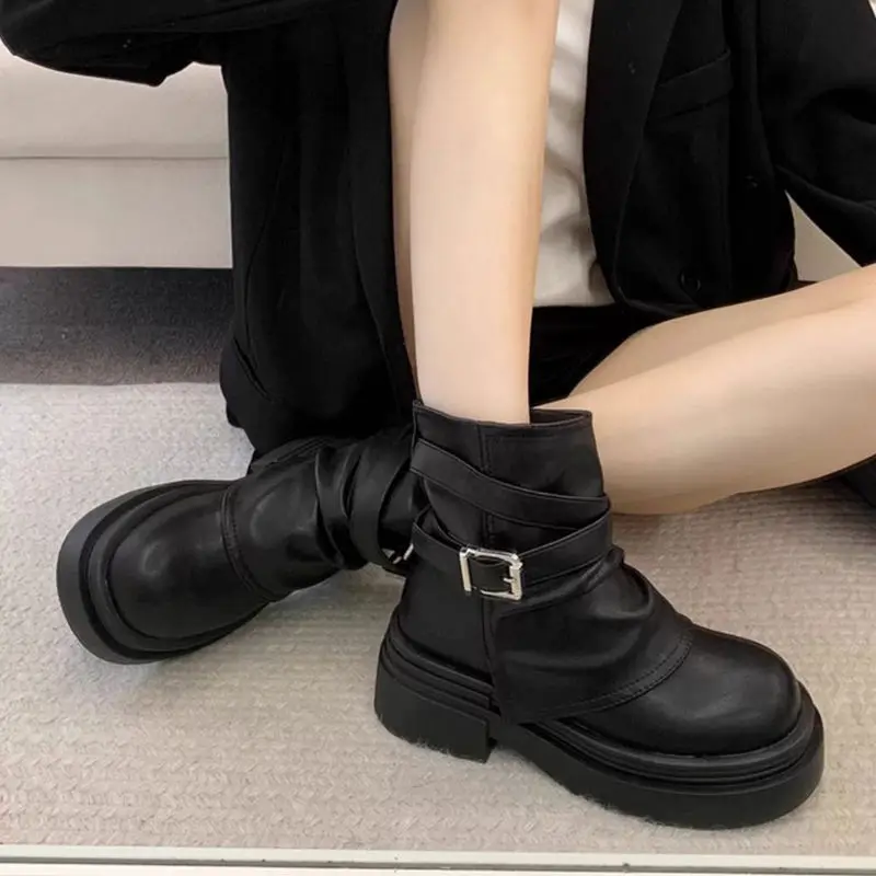 

Retro Versatile Short Boots Women's Autumn Winter Thick Bottom Belt Buckle Black British Style High Waist Boots