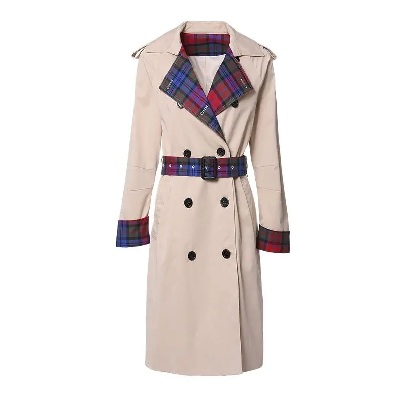 

2023 women's new Long Sleeve Plaid panel casual fit style trench coat with belt