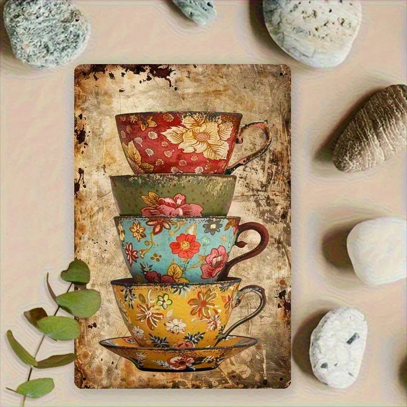 Tasse à thé florale en métal, signe en étain, Art mural, décor rustique de cuisine et de salon, décoration de maison de printemps pour la saint-valentin avec Illu