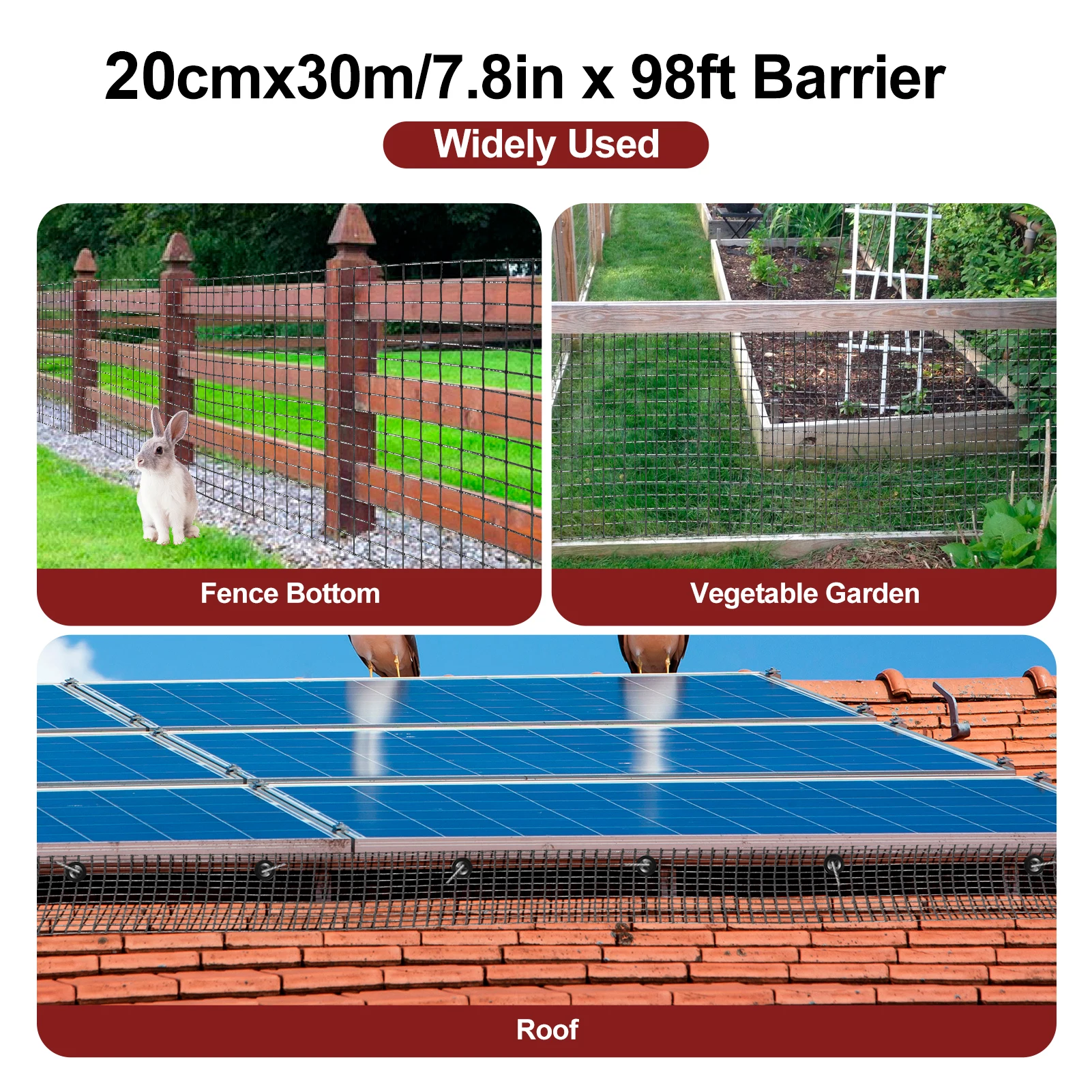Vogelschutznetz für Solaranlagen, 20 cm x 30 m, beschichtetes verzinktes Stahldraht-Vogelschutznetz auf Rolle mit 100 J-förmigen Haken und Clips, robustes, rostfreies Schutznetz für Solaranlagen, zuschneidbares Netz zur Verhinderung von Vogelnestern auf dem Dach. – Detail 6