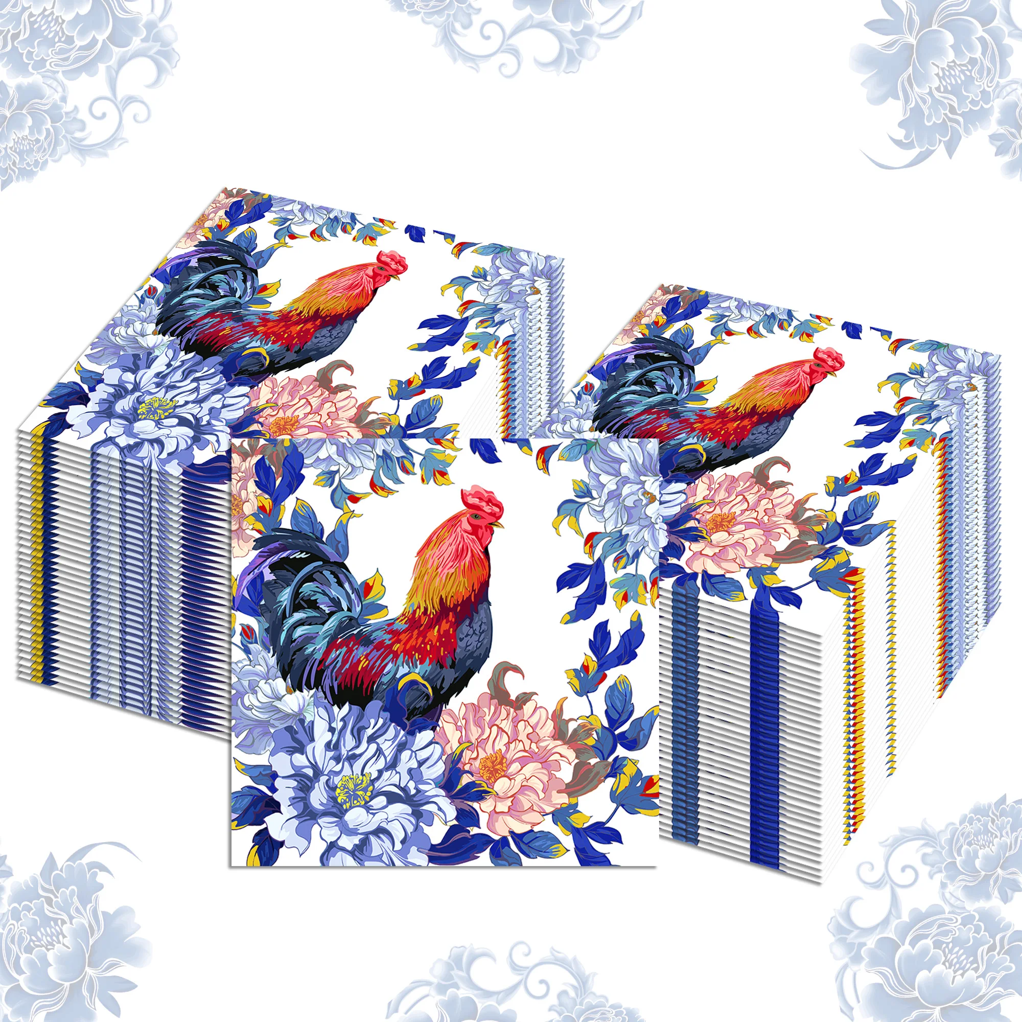 20-Pack 2-Ply Flower Rooster Pattern Square Paper Napkins, Disposable Party Napkins for Birthday, Bathroom Hand Towels