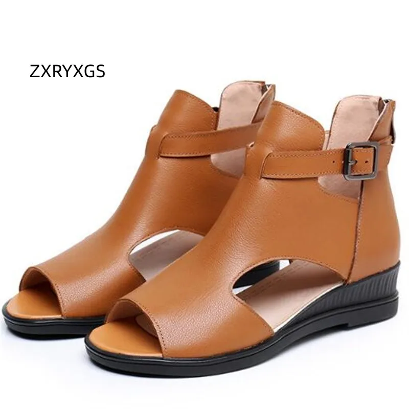 ZXRYXGS 2024 Premium Cowhide Mesh Breathable Summer Boots Women Leather Sandals Large Size Elegant Fashion Sandals Wedges Flat