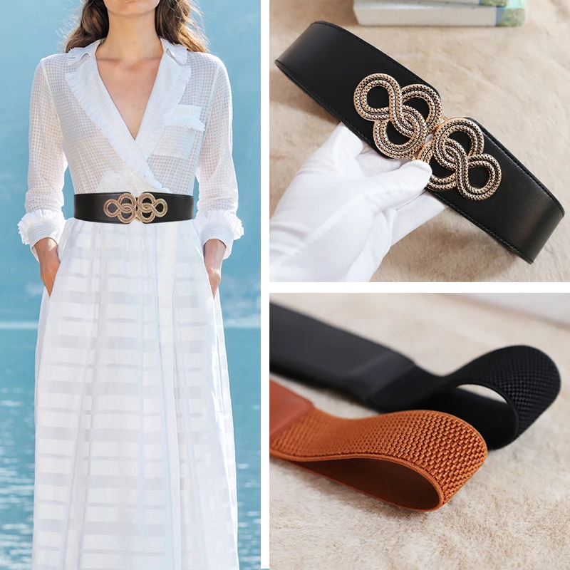 دوامة الذهب اللون مشبك أحزمة الخصر لسيدة الصينية عقدة تصميم Cummerbunds الأسود مطاطا بو الجلود الخصر ختم الهدايا #4