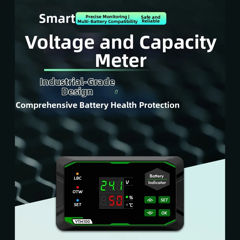 VTM100 DC 7-100V Digital Voltage and Power Indicator with Dual Display for Battery Capacity and Temperature Monitoring Tools