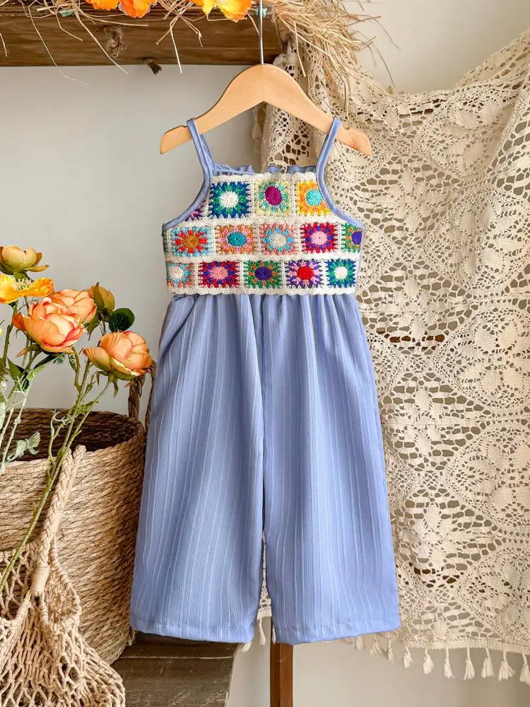 

Summer Children Girl's Suspender Bodysuitt Comfortable Retro Style Colorful Flower Pattern Sling Jumpsuit Kid Girls Clothes