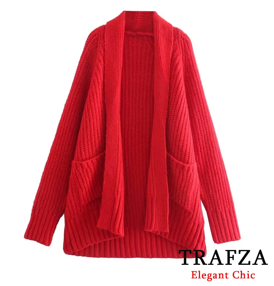 TRAFZA-Women Fashion Knitted Cardigan Coat  Tassel-Stitch Scarf Collar Knitted Coat New 2024 Autumn Winter Modern Cardigan Coat