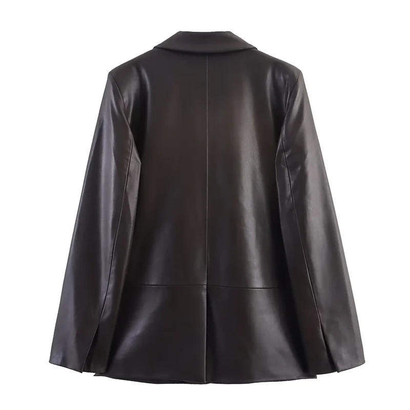 سترة نسائية خريف جديد 2025 بني داكن كم طويل جلد صناعي سترة فضفاضة مستقيمة شخصية عصرية متعددة الاستخدامات #2