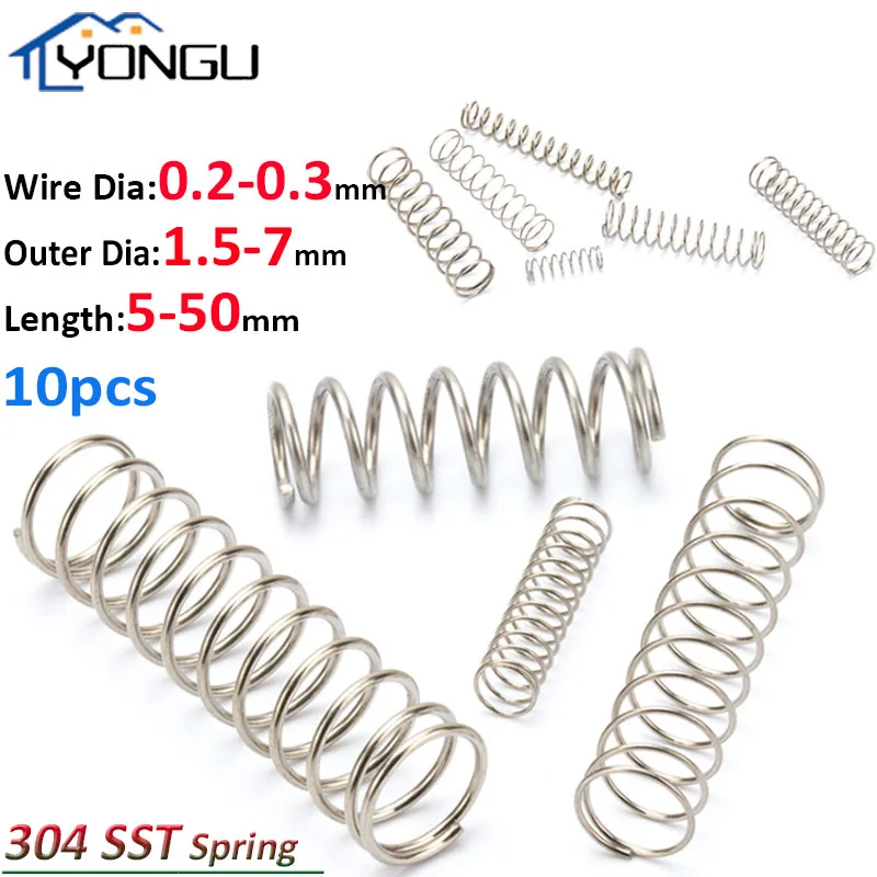 10Pcs 304 Stainless Steel Compression Spring Micro Small Return Springs Wire Diameter 0.2mm 0.3mm OD 1.5~7mm L5-50mm