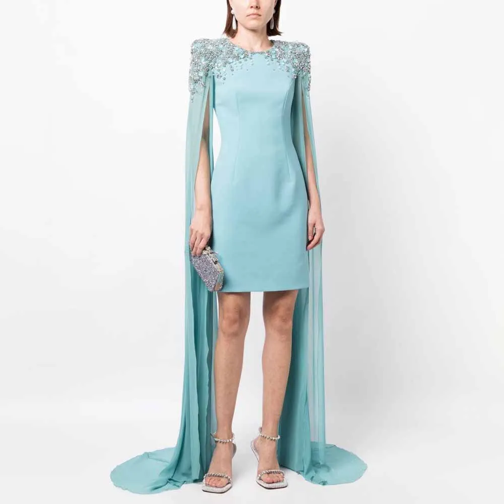 

Light Sky Blue Wedding Party Dress Mini Cloak Sleeves Crystal O Neck Cocktail Gowns For Women Sheath/Column Luxury Cocktail Gown