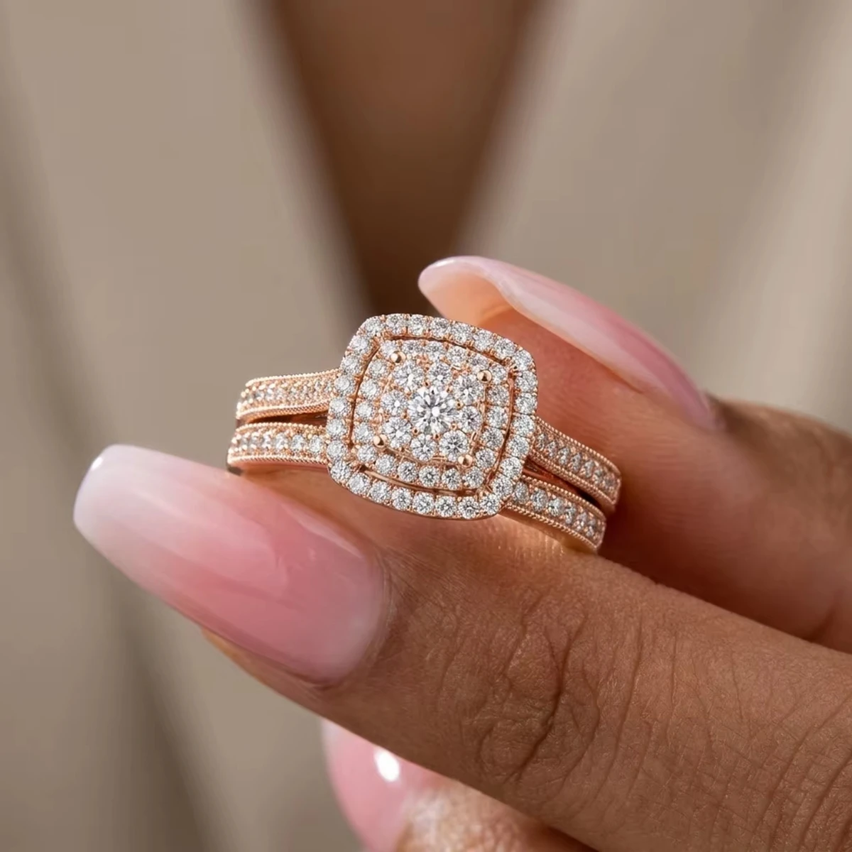 2-teiliges Roségold-Moissanit-Ringset für Damen, Brautschmuck, 925er Silber Halo-Verlobungs- und Eheringe mit Geschenkbox – Detail 5