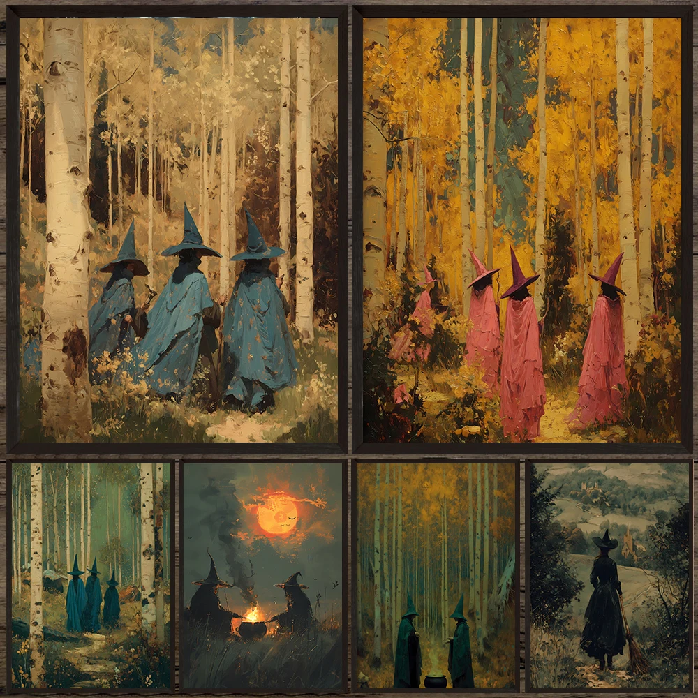 Spooky Witches Forest Art Poster Print,Wiccan Sisters Brewing Vintage Wall Art Canvas Print,Dark Academia Decor Gifts Unframe