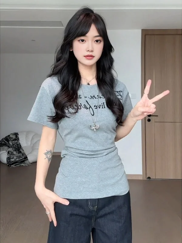 

Женская летняя универсальная футболка больших размеров с круглым вырезом и принтом, облегающая, для всех типов фигуры