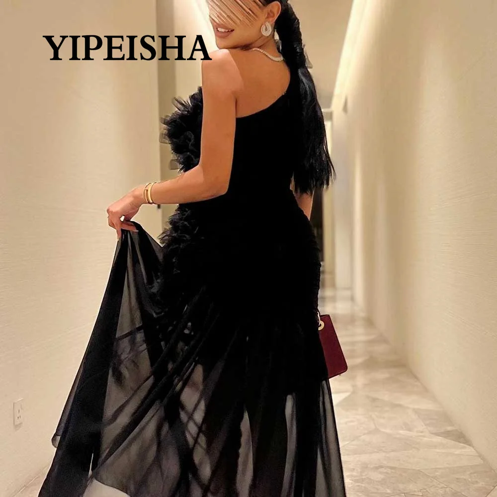 Customized Tulle One Shoulder Sheath Black Evening Dress Sleeveless Pleated Casual N Floor Length Ruffle Prom Gown فساتين السهر