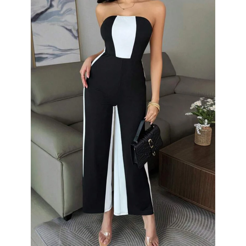 

2025 European and American sleeveless chest hugging sexy slim fit high waist black and white contrasting wide leg jumpsuit