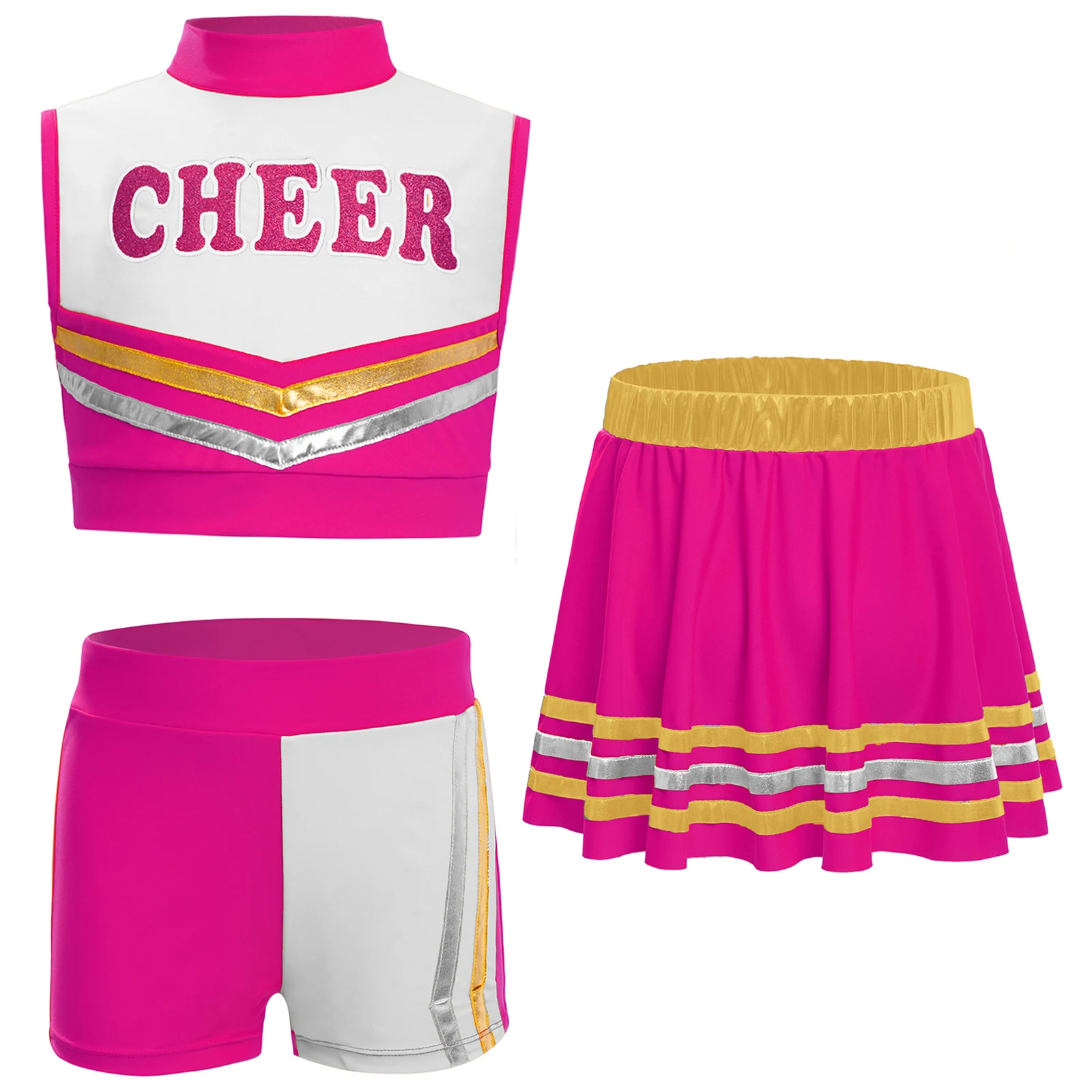 

Kids Girls Cheerleading Uniform Dance Ouutfit Letters Printed Crop Top+Metallic Striped Skirt/Shorts for Gymnastics Competition