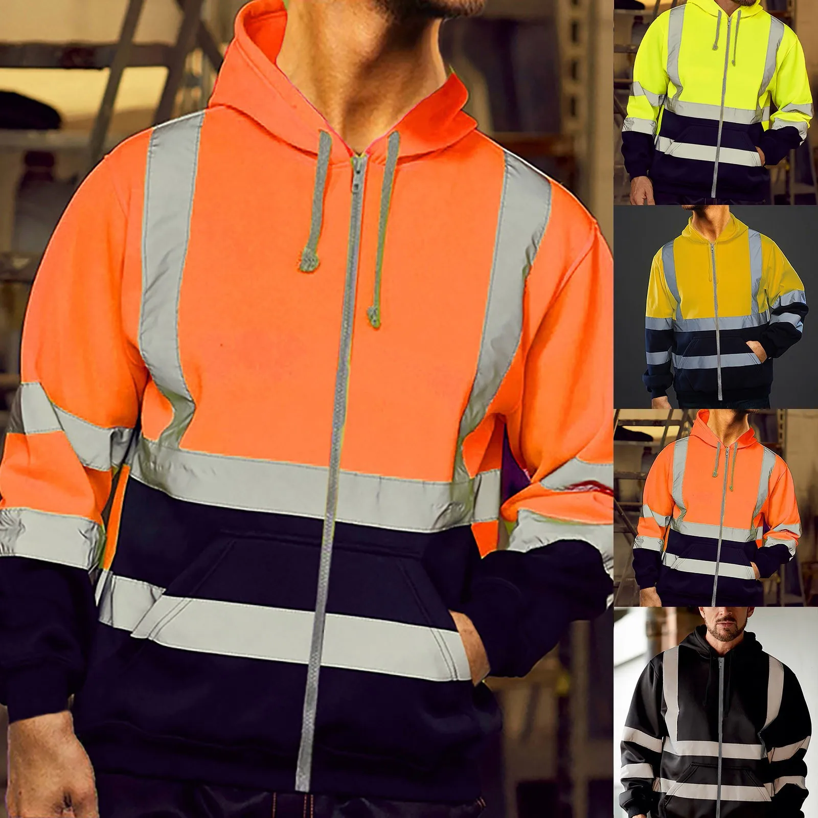 Men Reflective Stripe Hoodie Sweatshirt Long Sleeve Fitting Zipper Hooded Pullover Sanitation Workers Work Clothes Sweatshirt