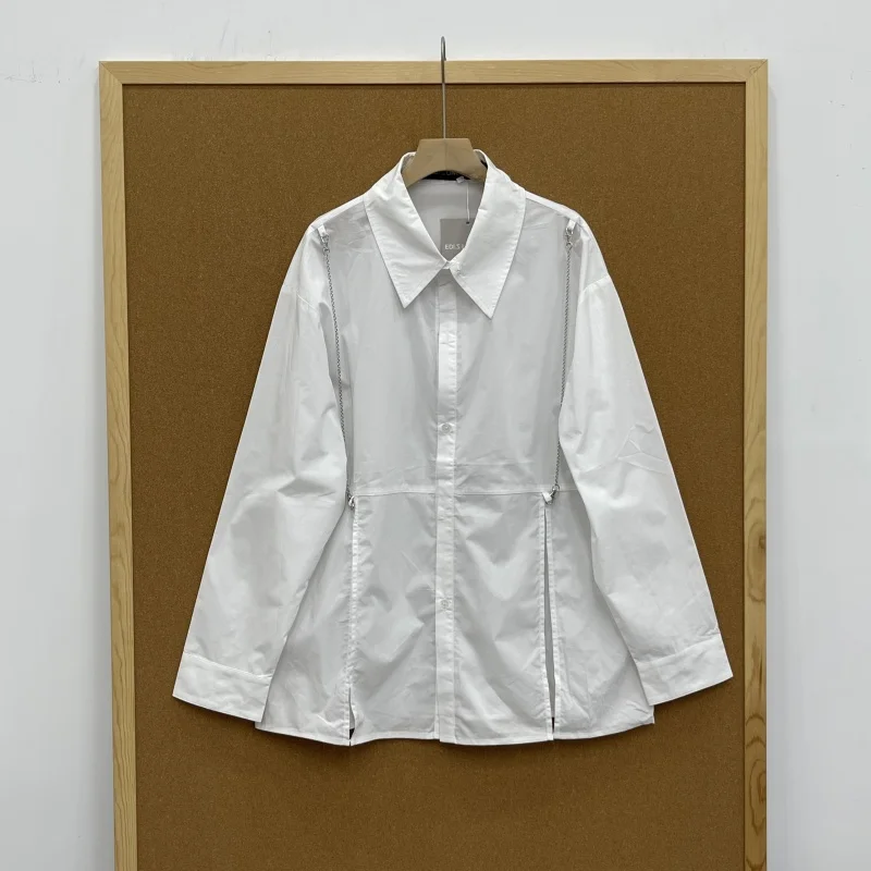 

SuperAen Chain Decoration White Original Design Long-sleeved Shirt Spring and Autumn New Korean Style Loose Shirts