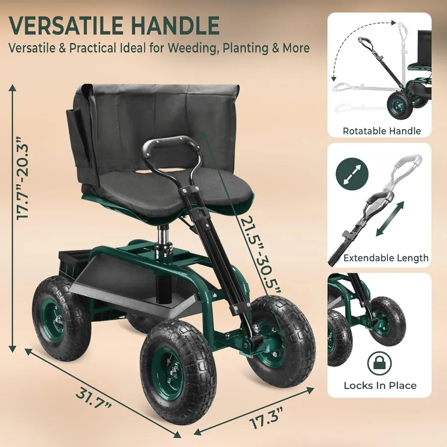 مقعد حديقة بعجلات قابل للتعديل 360 قطب البستنة البراز مع تعديل الارتفاع الهيدروليكي مسند الظهر مريح ومخزن الأدوات #3