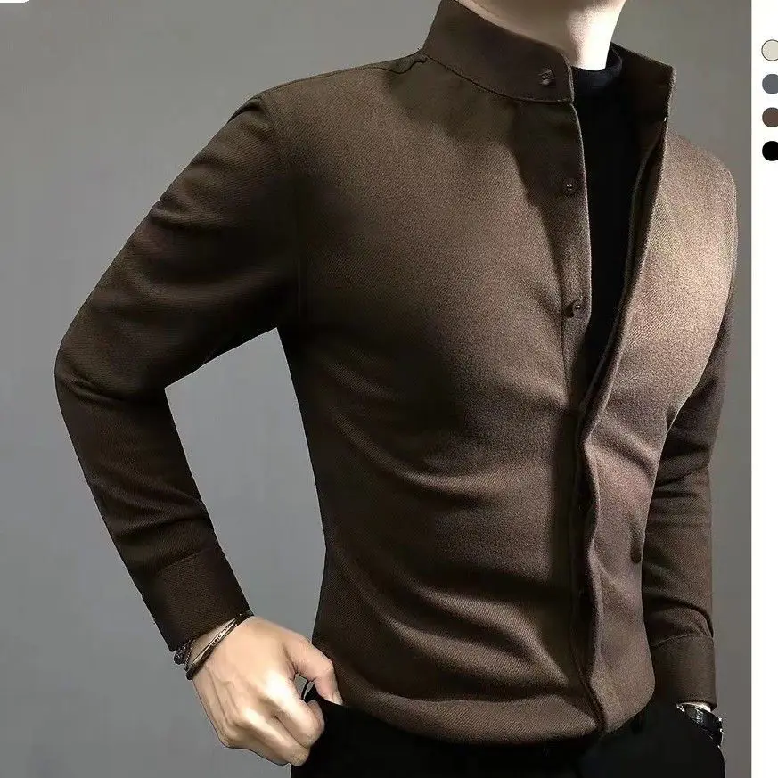 Fashion Business Autumn Winter Men Clothing Shirt Coats Solid Stand Collar Single Breasted Versatile Casual Slim Long Sleeve Top