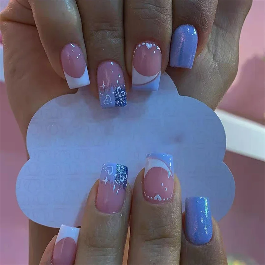24Pcs/Set French Round Head Fake Nails Tips Color Printing Dots Diamonds Wearing False Nails White Removable Press on Nail Art 3