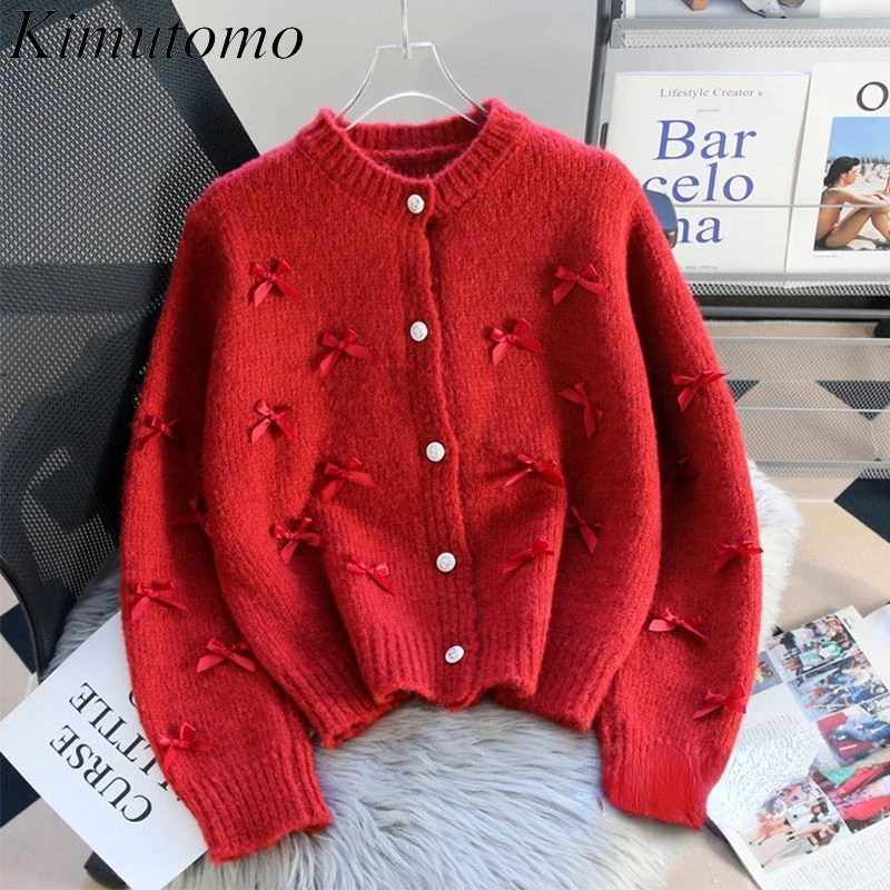 Kimutomo Sweet Three Dimensional Satin Bows Knitted Cardigan Small Fresh Solid Pink Cardigans French Style Loose Sweaters