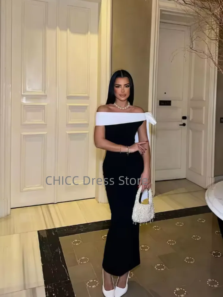 อาหรับชุดราตรีปิดไหล่แขนกุดนางเงือกชุดราตรีสีตัดกันชุดปาร์ตี้ที่กำหนดเอง فساتين سهرات