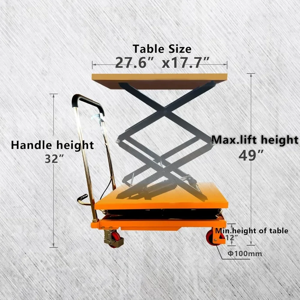 Double Scissor Lift Table Manual Hydraulic Table Cart Simple Operation Elevating Cart for Freight Lifting Heavy Duty Lift Table