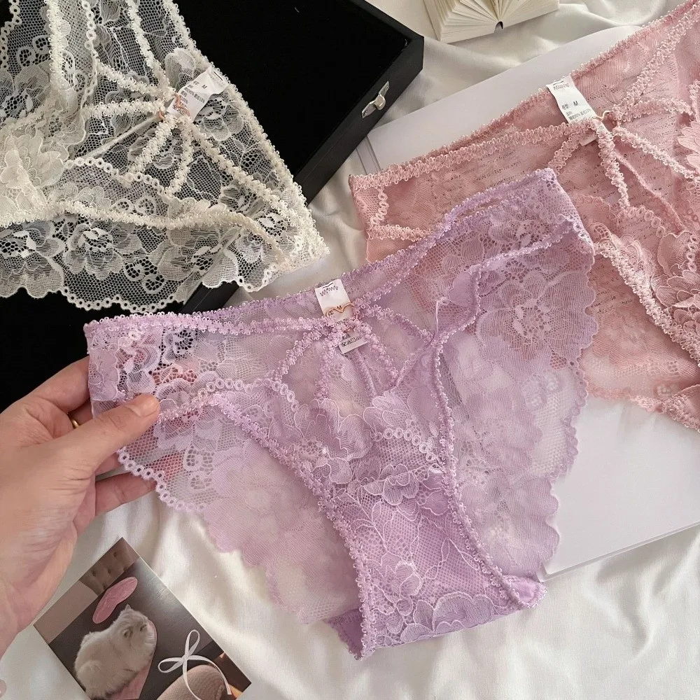 Breathable High Waist Lace Panties Cotton Crotch Transparent Underwear for Women Thin Mesh Lace Briefs Summer