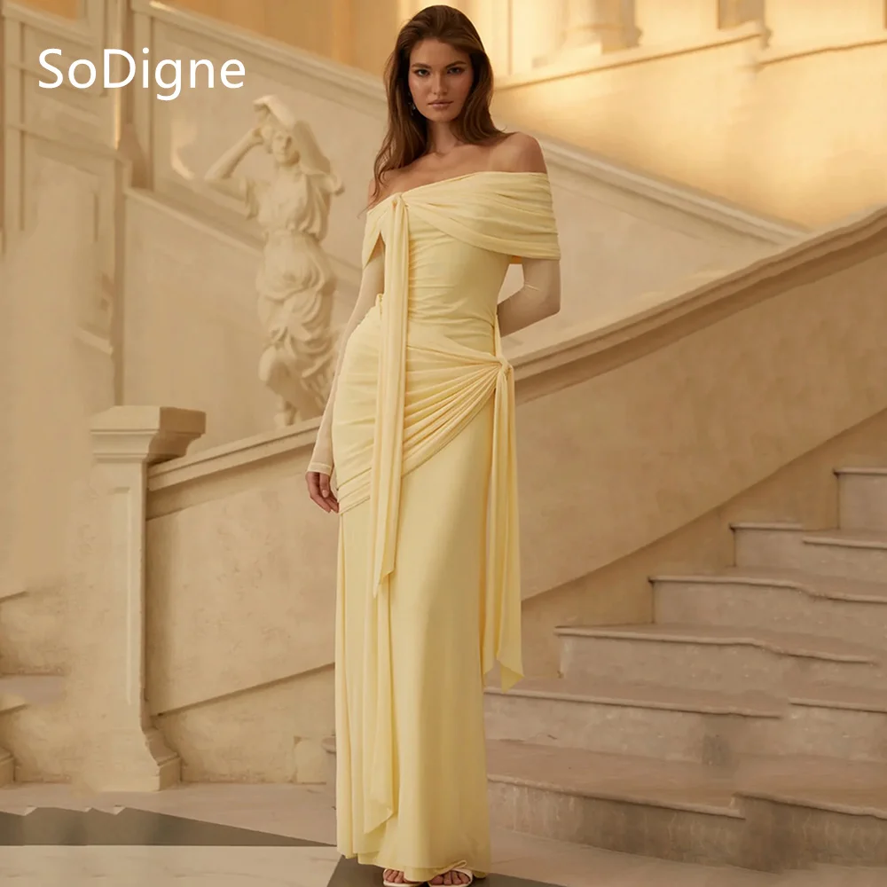 

SoDigne Chic Yellow Chiffon Prom Dresses Off The Shoulder Pleats Party Dress Charming Straight Prom Gowns Customized