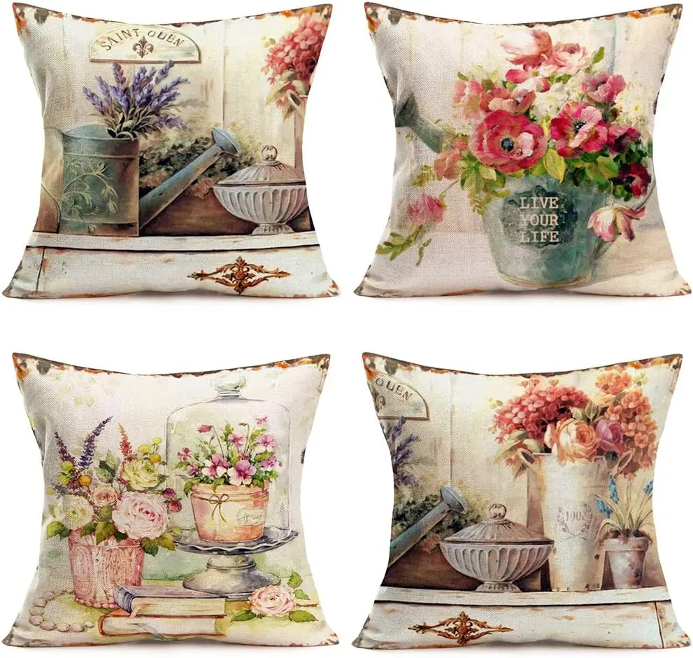 

Outer Spring and Summer Flower Pillow Pillowcase European Retro Flower Plant Petal Linen Square Pillowcase Home Sofa Pillowcase