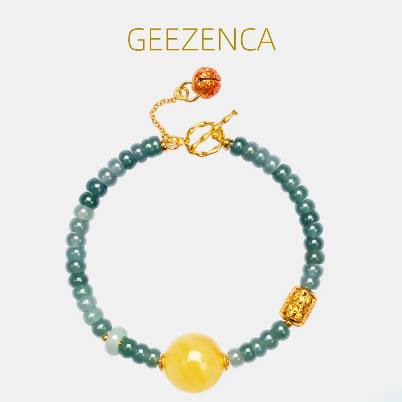 

GEEZENCA Natural Jadeite Beads Amber 925 Silver Strand Bracelet Women Cloisonne Vintage Luxury OT Buckle Bracelets 2023 New Gift