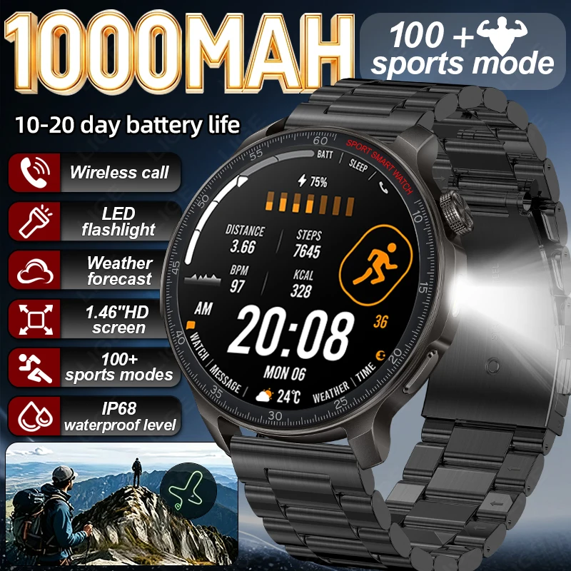 LIGE Smart Watch for Men with 1000mAh Battery Flashlight Military Smartwatch IP68 Waterproof Heart Rate BT Call Fitness Tracker
