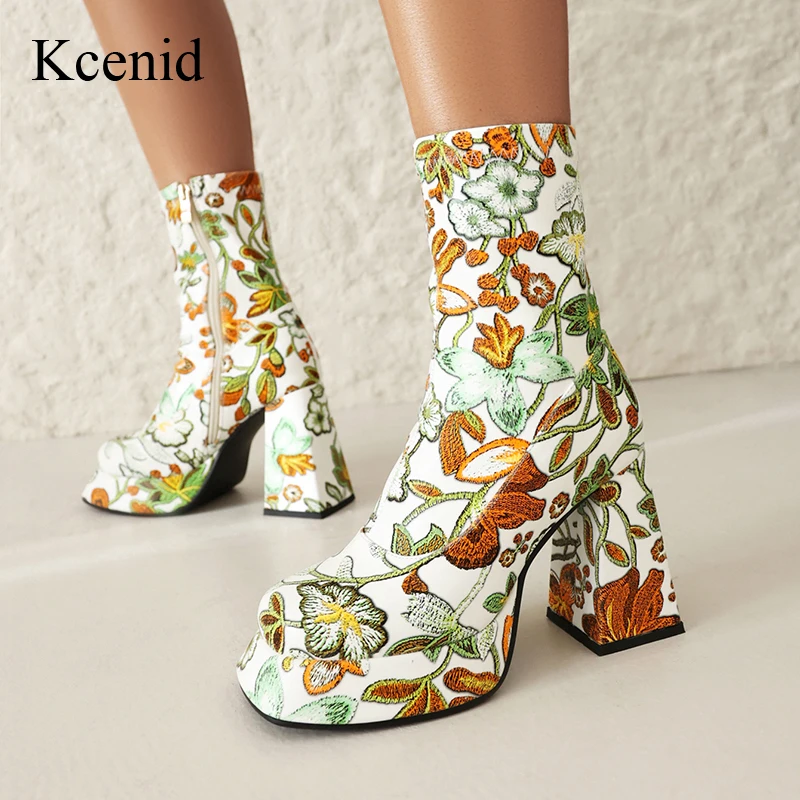 

Kcenid Sexy Ankle Boots For Women Spring Autumn Colorful Flower Pattern High Heels Women Boots Round Toe Platform Party Shoes