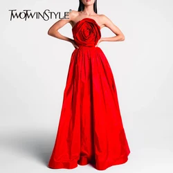 TWOTWINSTYLE Solid Patchwork Appliques A Line Dress For Women Strapless Sleeveless High Waist Temperament Dresses Female Style