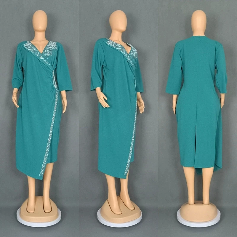 Yellow Red Green Polyester African Dresses for Women Summer African Women v-neck Short Sleeve Knee-length Dress African Clothes