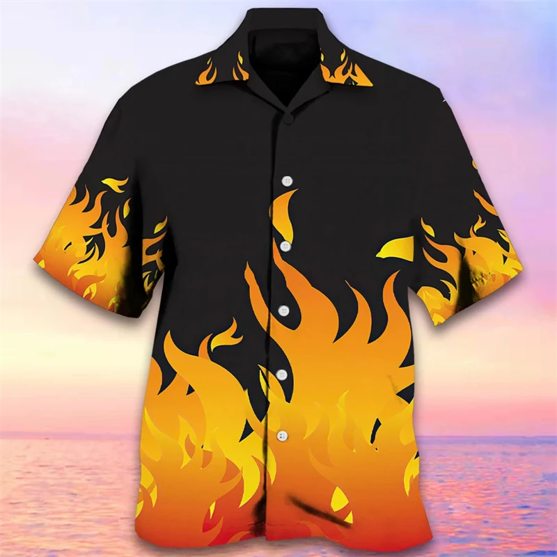 2024 Men\'s 3D Flame Print Shirt Hawaiian Casual Short Sleeved Shirt Fashion Beach Vacation Lapel Shirt Mens Summer Shirt Clothes