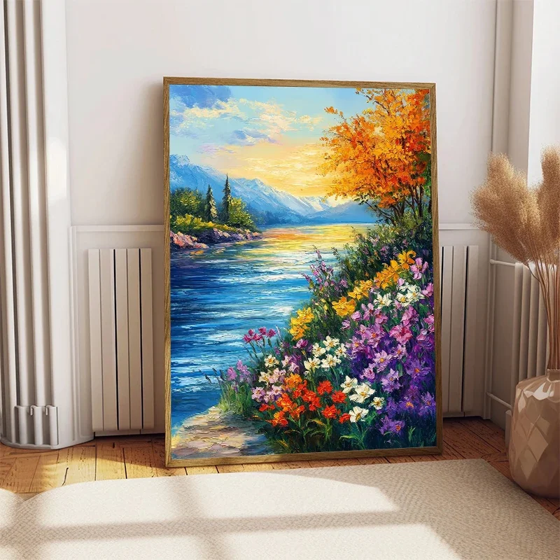 Multiple sizes 1pc frameless Canvas Painting,Forest Path Cabin Floral Landscape Misty Cherry Blossom Waterfall Poster Canvas Pai