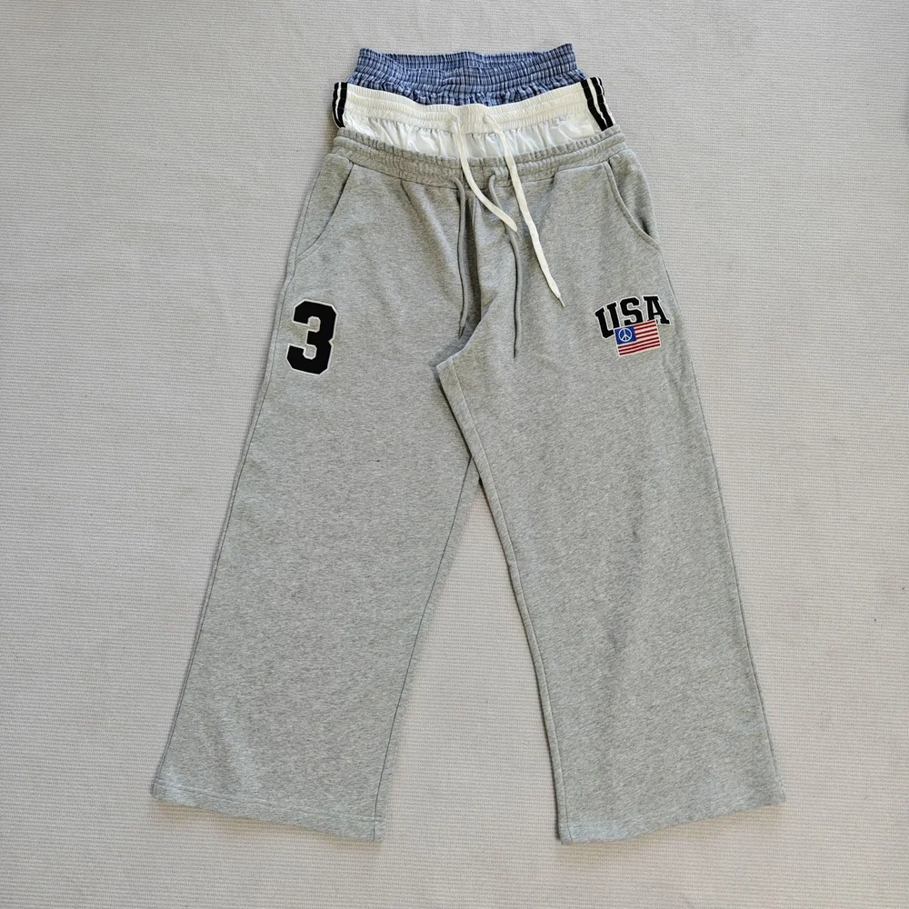 

Новинка 2025 года, повседневные широкие брюки в американском стиле с тремя шнурками и вышитым флагом в стиле пэчворк, спортивные штаны, свободные универсальные брюки