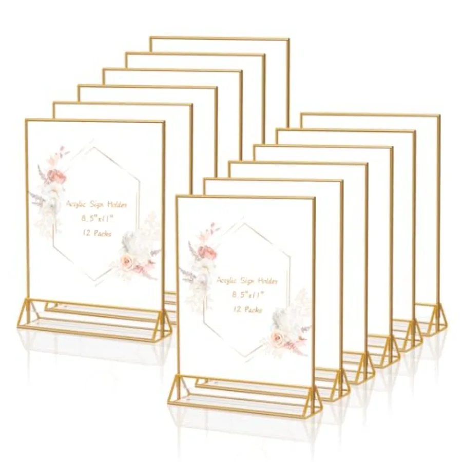 

Gold Frames Clear Acrylic Sign Holder 8.5X11 for Weddings Table Number Flyer Display Stand Double Sided Menu Holder Pack of 12